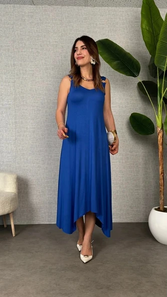 Kadın çan Dokuma Kumaş V Yaka Asimetrik Kesim Elbise - Resim 3