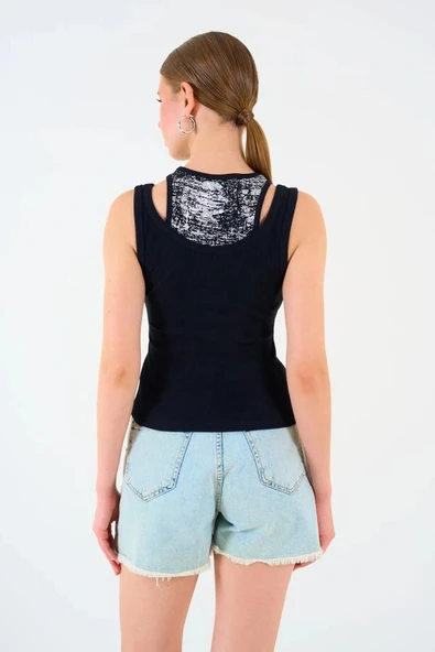 İçi Baskılı Halter Yaka Kaşkorse Atlet  iyah - Resim 5