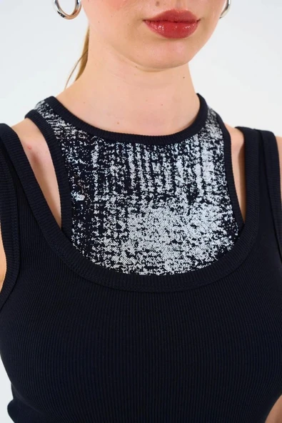 İçi Baskılı Halter Yaka Kaşkorse Atlet  iyah - Resim 4