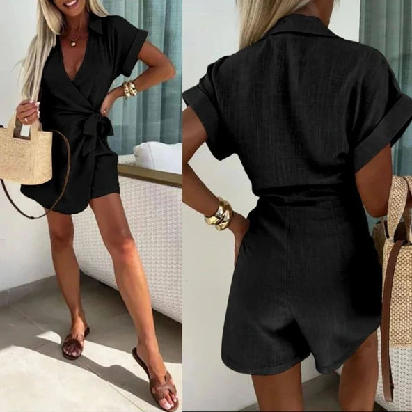 Kadın Keten Kumaş Gizli Fermuar Ve Belde Kuşak Detaylı Tulum ürün görseli