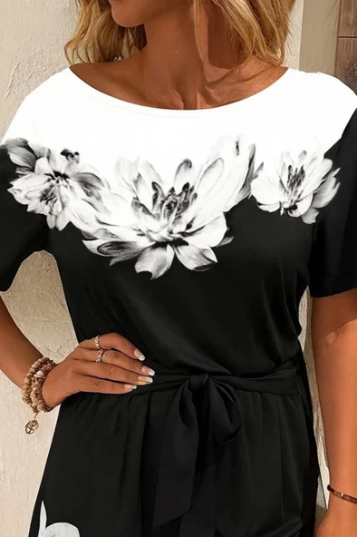 Kadın Tek Omuzu Açık çiçek Desenli Beli Kuşaklı Iki Iplik Mini Short Tulum - Resim 2