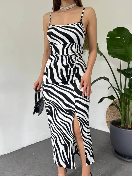 Kadın Zebra Baskılı Omuz Askılı ırt Dekolteli Yırtmaç Detay Elbise - Resim 5