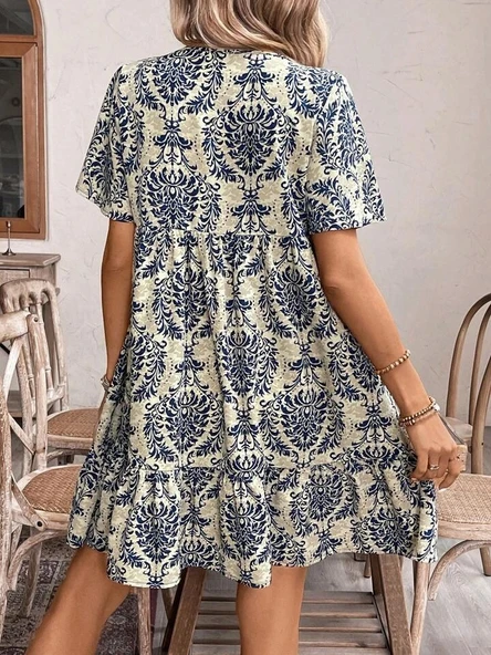 Kadın Kısa Kollu Yakadan Bağcıklı Desenli Fırfırlı Süprem Elbise - Resim 5