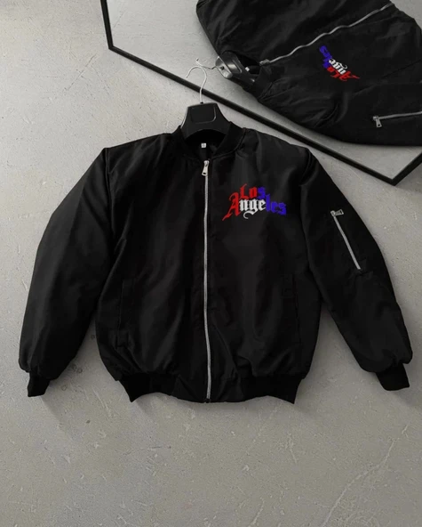 Tam Fermuarlı Uzun Kol Baskılı Bomber Ceket  iyah ürün görseli