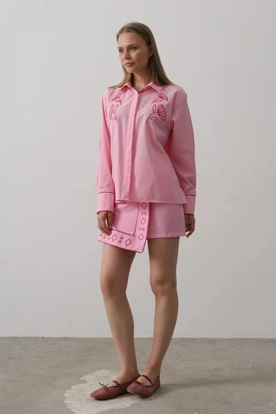 Nakış Detaylı Etekli Takım  Pembe - Resim 2