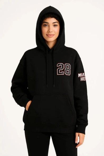 Üç İplik Kapüşonlu Ön Ve Arka Baskılı weathirt Hoodie  iyah ürün görseli