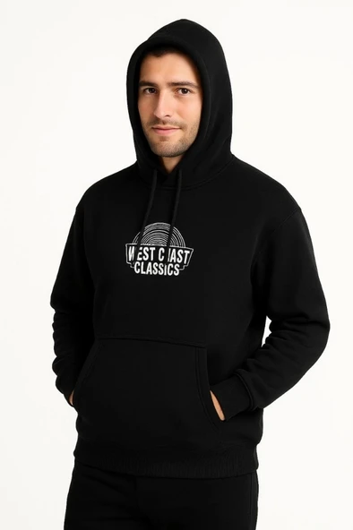 Erkek Üç İplik Kapüşonlu Ön Ve Arka Baskılı weathirt Hoodie  iyah ürün görseli