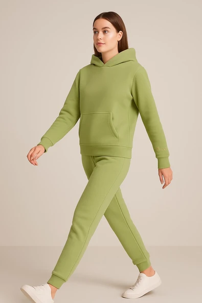 Kadın Üç İp Şardonlu Beren Kapüşonlu Sweat Yeşil - Resim 2