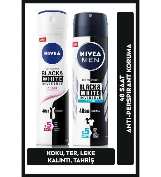 Nivea Black&White Clear Kadın Deosprey 150 mL+Black&White Fresh Erkek Deosprey 150 mL 2'li Paket ürün görseli 1