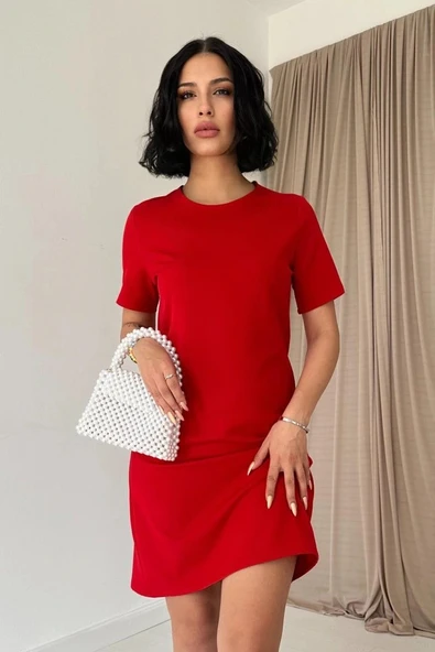 Kırmızı Kısa Kol Atlas ini Elbise - Resim 2