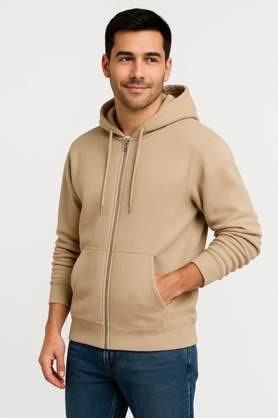 Erkek Üç İplik Kapüşonlu Tam Fermuarlı Kanguru Çepli weathirt Hoodie  Bej - Resim 3