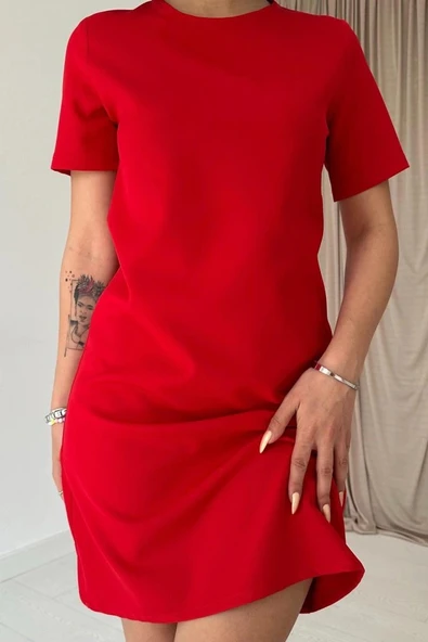 Kırmızı Kısa Kol Atlas ini Elbise - Resim 3
