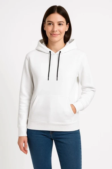 Üç İplik Kapüşonlu Kanguru Çepli weathirt Hoodie  Beyaz ürün görseli
