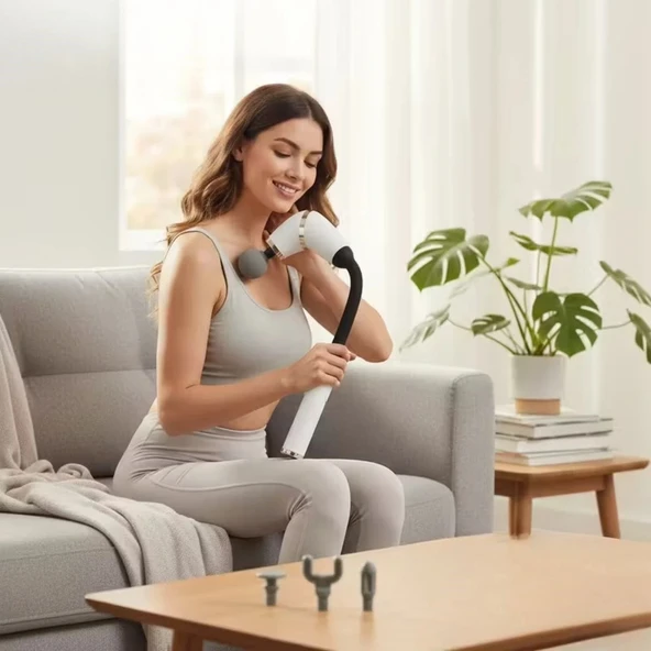 BUFFER® 4 Farklı Başlıklı Uzun Saplı Derin Doku Masaj Tabancası, Boyun, Omuz ve Sırt için Ergonomik Saplı Çoklu Masaj Mo - Resim 2