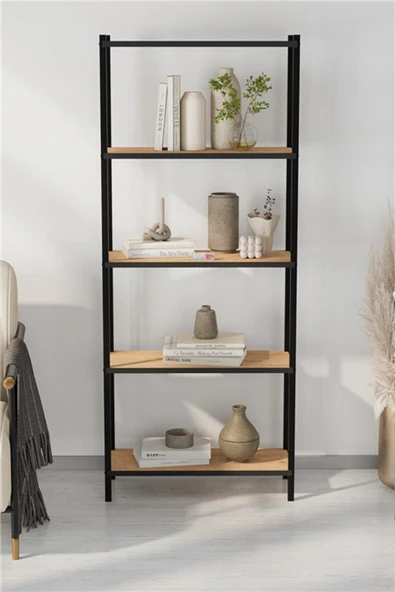 Bofigo 5 Raflı Kitaplık Dekoratif Kitaplık Metal Kitaplık Ofis Kitaplığı Aksesuar Rafı Efes Safir Meşe - Resim 2