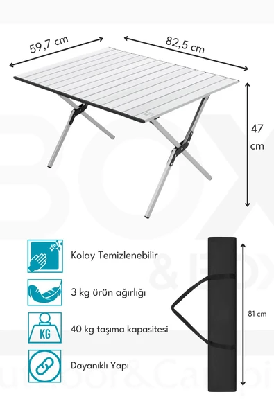 Box&Box Alüminyum, Katlanabilir Kamp ve Piknik Masası, Omuz Askılı Taşıma Çantasıyla, Large, Gri - Resim 3
