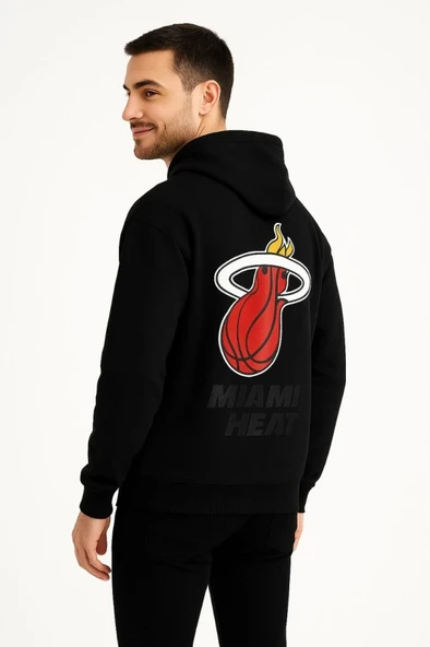 Üç İplik Kapüşonlu Ön Ve Arka Baskılı weathirt Hoodie  iyah - Resim 4