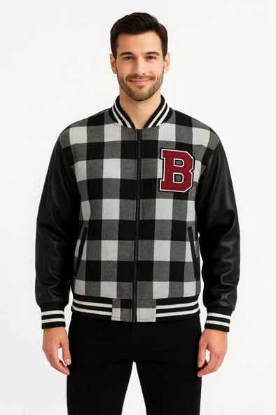 Kolları uni Deri Içi Astarlı Oduncu Kolej Içi Ceket  Gri - Resim 2