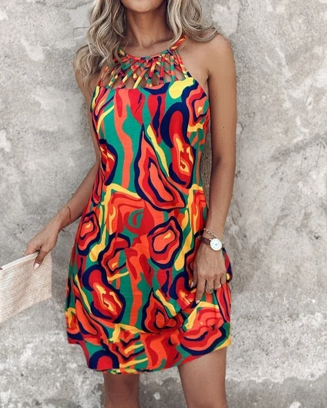 Kadın Omuzlardan Açık çapraz şerit Detaylı Desenli Süprem Elbise ürün görseli