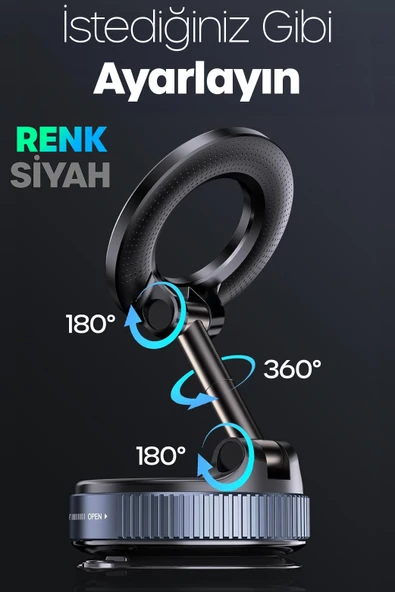 2li MagnetPRO 360° Ayarlanabilir Araç İçi Masa Üstü Vakumlu Mıknatıslı Magsafe Telefon Tutucu Siyah - Resim 2