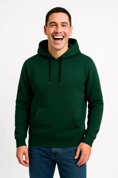Erkek Üç İplik Kapüşonlu Kanguru Cepli weathirt Hoodie  Haki - Resim 4