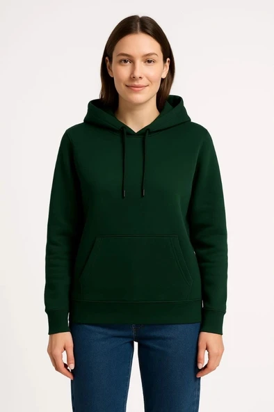 Üç İplik Kapüşonlu Kanguru Çepli weathirt Hoodie  Haki - Resim 3