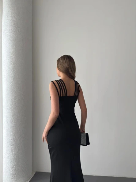 Kadın Omuz çoklu Askılı önü Taş Işlemeli Balık Kesim Janjan Krep Maxi Boy Elbise - Resim 3