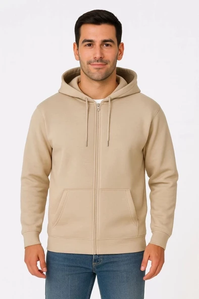 Erkek Üç İplik Kapüşonlu Tam Fermuarlı Kanguru Çepli weathirt Hoodie  Bej ürün görseli