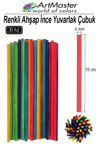 Renkli Ahşap İnce Yuvarlak Çubuk 15 cm 30 Lu 1 Paket Hobi Sınıf Tasarım Etkinlik Okul Öncesi Oyun Çubukları ürün görseli 1