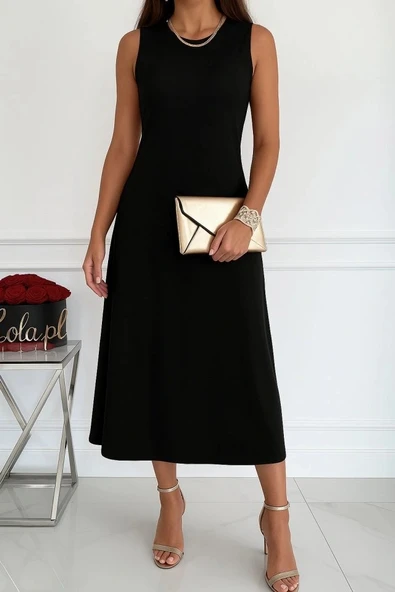 Kadın Sıfır Kollu Bisiklet Yaka Midi Viskon Iki Iplik Elbise ürün görseli
