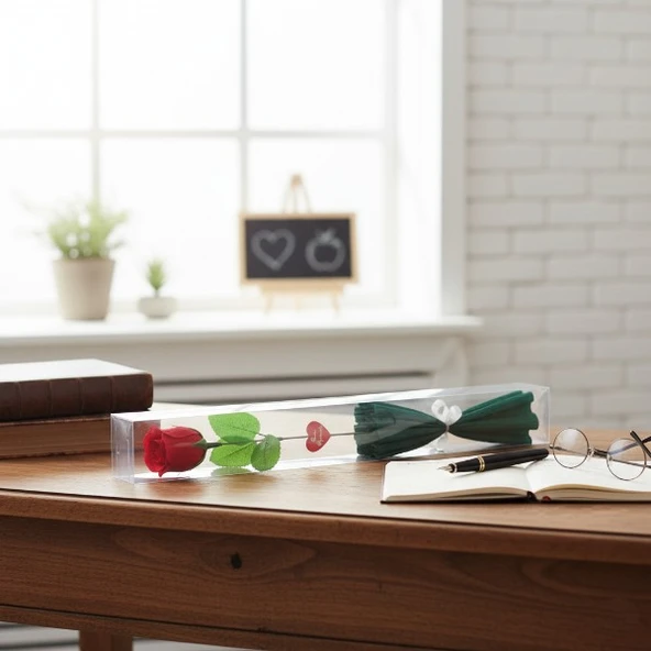 Şeffaf Kutulu Kraponlu Gül - Öğretmenler Günü Hediyesi - Resim 3