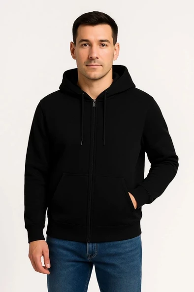 Erkek Üç İplik Kapüşonlu Tam Fermuarlı Kanguru Çepli weathirt Hoodie  iyah ürün görseli