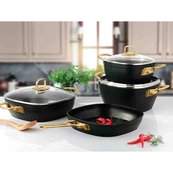 Lines Defne 7 Parça Altın Metal Kulplu Indüksiyon Taban Kare Granit Tencere Seti - Resim 2