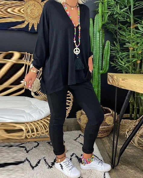 Kadın Uzun Kollu Derin V Yaka ön Kısa Arka Uzun Viskon Bluz - Resim 2