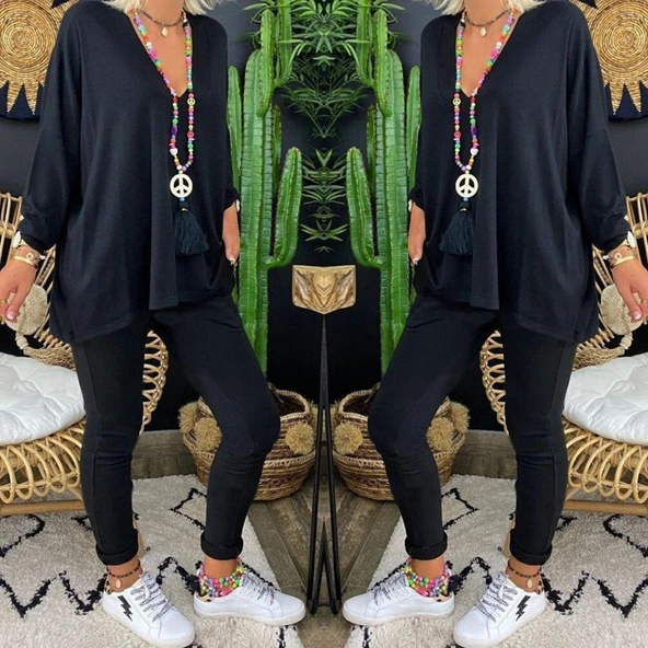 Kadın Uzun Kollu Derin V Yaka ön Kısa Arka Uzun Viskon Bluz - Resim 3