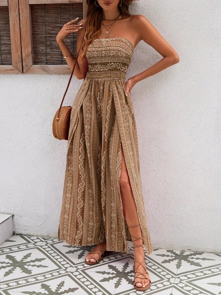 Kadın Yakası Gipe Detaylı önden Yırtmaç Detaylı Desenli Süprem Pantolun Etek Tulum ürün görseli