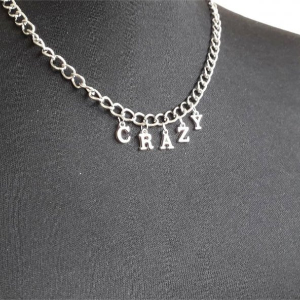 Gri Crazy Yazılı Harfli 45 cm Zincirli Hediyelik Bayan Kolye Takı ürün görseli