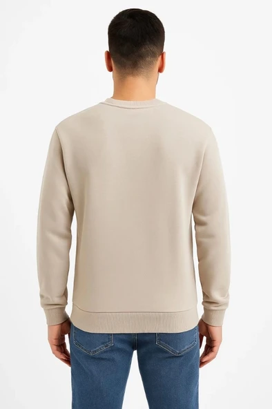 Erkek Üç İplik Düz Bisiklet Yaka weathirt  Bej - Resim 3