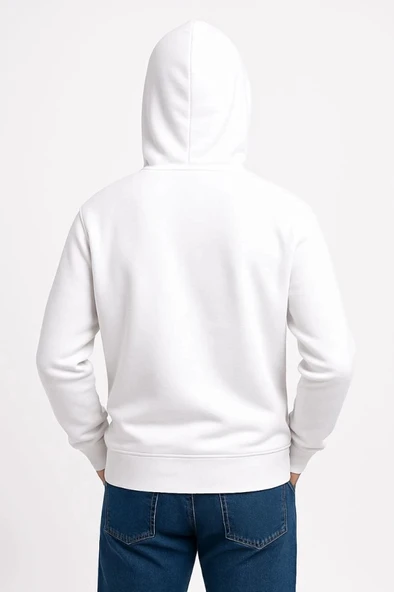 Erkek Üç İplik Kapüşonlu Kanguru Cepli weathirt Hoodie  Beyaz - Resim 3