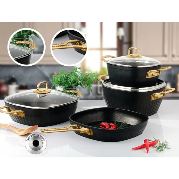 Lines Defne 7 Parça Altın Metal Kulplu Indüksiyon Taban Kare Granit Tencere Seti ürün görseli