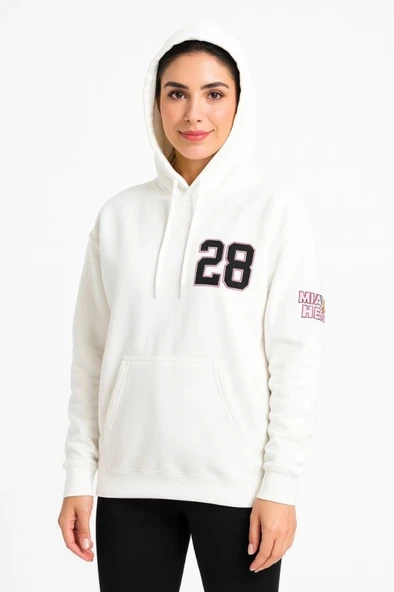 Üç İplik Kapüşonlu Ön Ve Arka Baskılı weathirt Hoodie  Beyaz - Resim 2