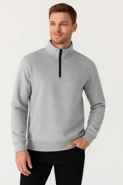 Erkek Dik Yaka weatshirt Dik Yaka Yarım Fermuarlı 3 İplik Şardonlu Pamuk Kumaş  Gri - Resim 3