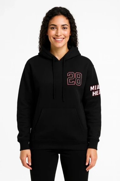 Üç İplik Kapüşonlu Ön Ve Arka Baskılı weathirt Hoodie  iyah - Resim 2