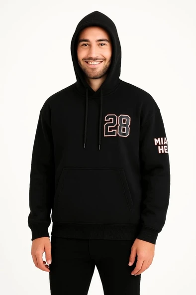 Üç İplik Kapüşonlu Ön Ve Arka Baskılı weathirt Hoodie  iyah - Resim 2