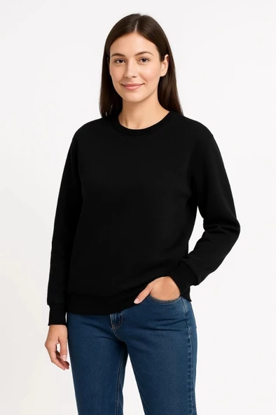 Üç İplik Düz Bisiklet Yaka weathirt   iyah ürün görseli