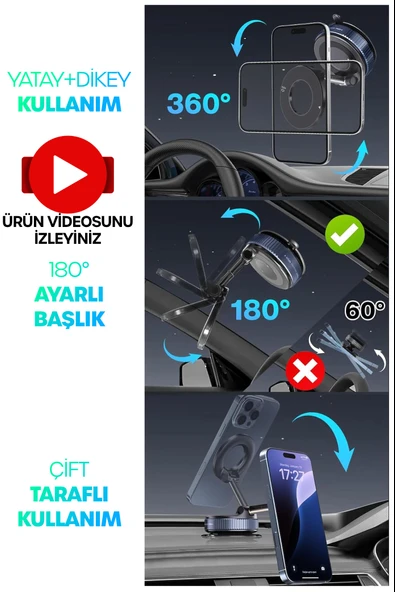 2li MagnetPRO 360° Ayarlanabilir Araç İçi Masa Üstü Vakumlu Mıknatıslı Magsafe Telefon Tutucu Siyah - Resim 3
