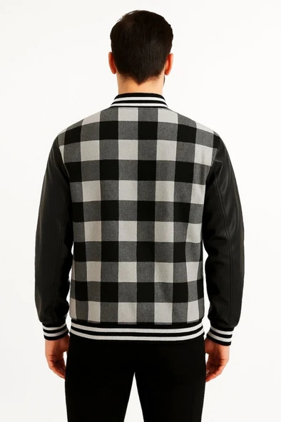 Kolları uni Deri Içi Astarlı Oduncu Kolej Içi Ceket  Gri - Resim 3