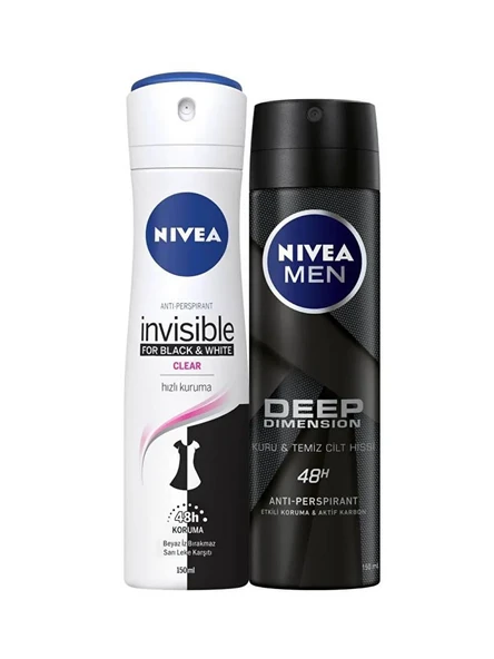 NIVEA Black&white Clear Kadın Deodorant Sprey 150 Ml+deep Dimension Erkek Deodorant 150 Ml 2'li Paket ürün görseli 1