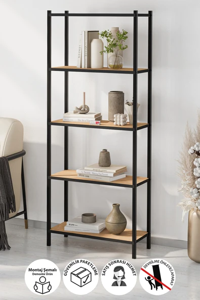 Bofigo 5 Raflı Kitaplık Dekoratif Kitaplık Metal Kitaplık Ofis Kitaplığı Aksesuar Rafı Efes Safir Meşe ürün görseli