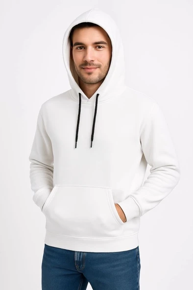 Erkek Üç İplik Kapüşonlu Kanguru Cepli weathirt Hoodie  Beyaz - Resim 4